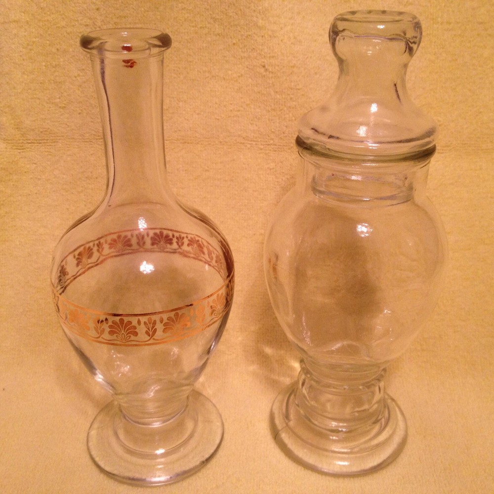 2 Vintage Clear Glass Perfume type decorative Bottles 1 w/Top 1 w/gold design